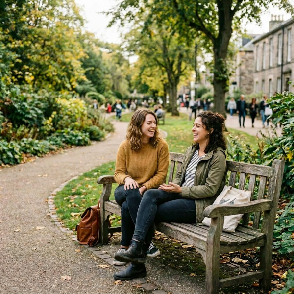 Two women sitting on a park bench with takeaway coffee cups, smiling and talking.