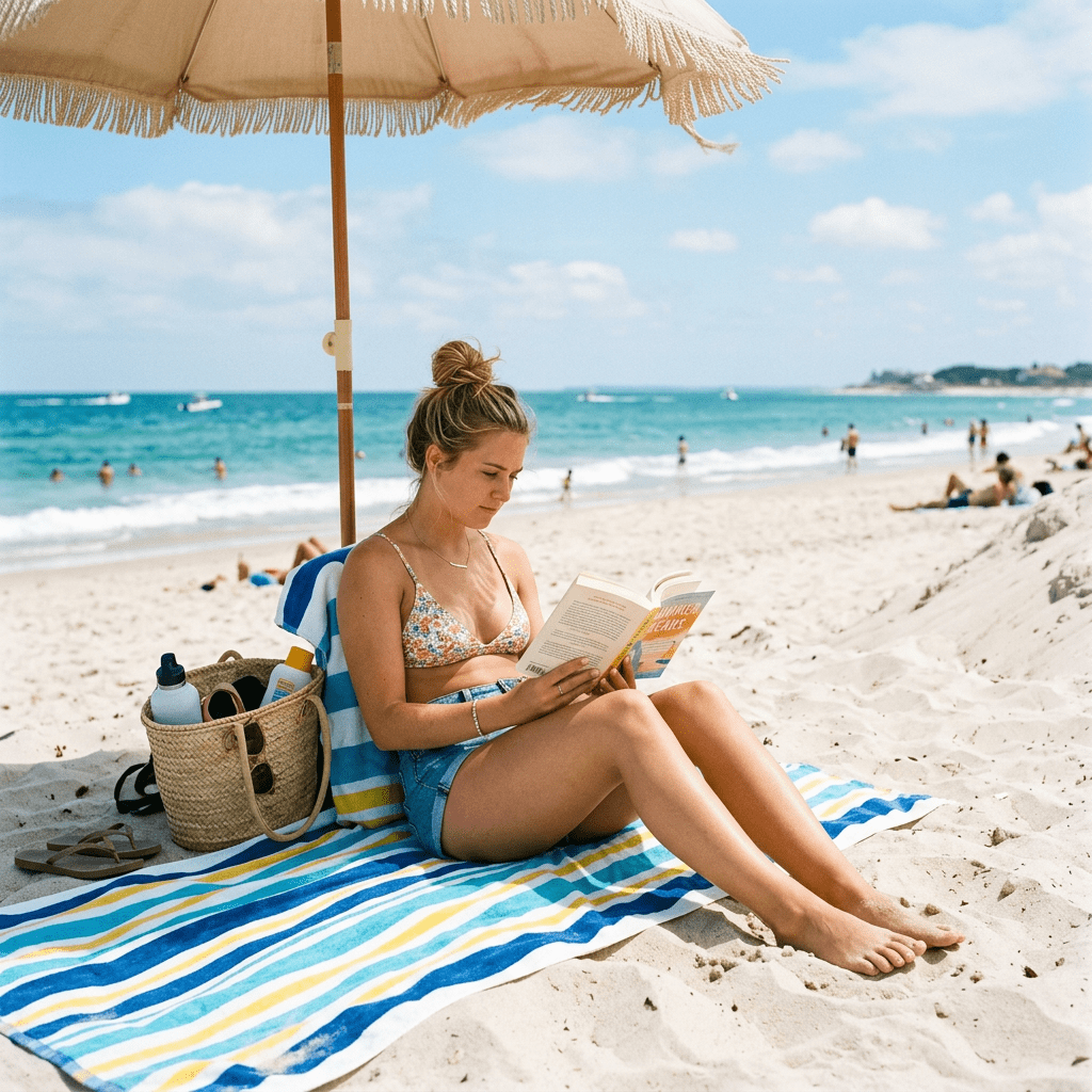 Woman in bikini and shorts reading a book on a striped beach towel under a sun umbrella