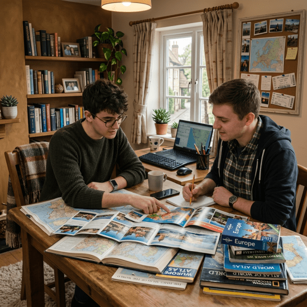 Two people planning travel routes with world maps and computers